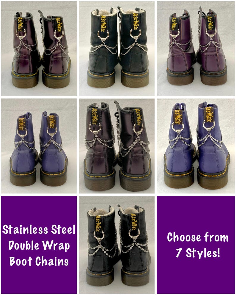May include: Seven styles of stainless steel double wrap boot chains. The chains are shown on a pair of black, purple, and blue boots. The chains are silver and have a double wrap design. The boots are all Dr. Martens.