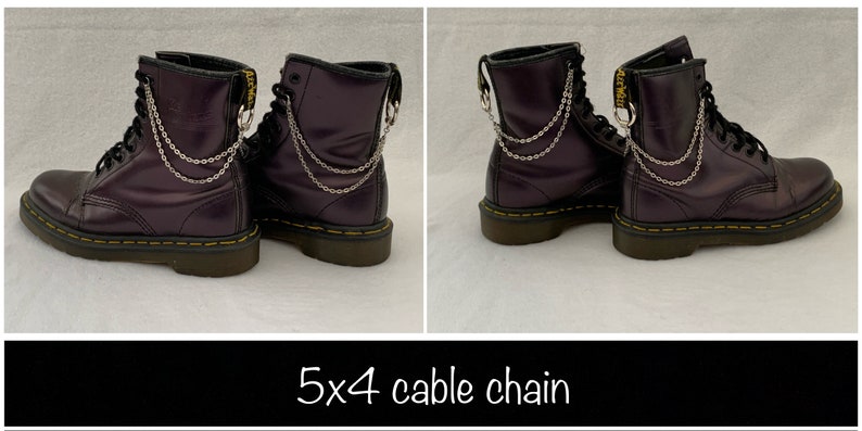 May include: A pair of dark purple leather boots with silver chain accents. The boots have a black sole and are laced up the front. The text "5x4 cable chain" is written below the image.