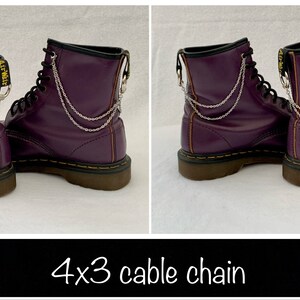 May include: Purple leather boots with silver chain accents. The chains are attached to the boots with metal rings. The text "4x3 cable chain" is written below the image.