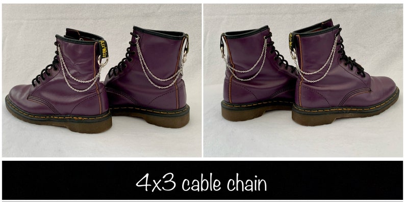 May include: Purple leather boots with silver chain accents. The chains are attached to the boots with metal rings. The text "4x3 cable chain" is written below the image.