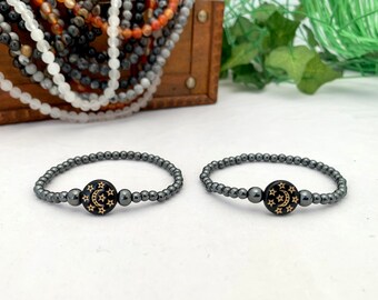 Moon & Stars Non-Magnetic Hematite Stretch Protection Bracelet