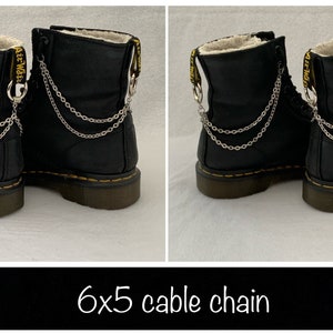 May include: A pair of black leather boots with a silver chain attached to the ankle. The boots have a yellow stitching detail and a white fur lining. The text "6x5 cable chain" is written below the image.