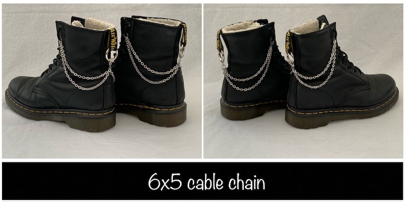 May include: A pair of black leather boots with a silver chain attached to the ankle. The boots have a yellow stitching detail and a white fur lining. The text "6x5 cable chain" is written below the image.