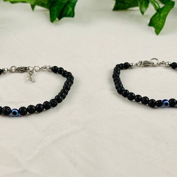 Men’s Black Lava Rock with Evil Eye Protection Bracelet with Stainless Steel Clasp and Optional Extender