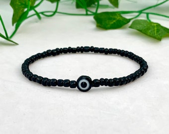 Black Evil Eye Bracelet – Black Glass Seed Bead Stretch Bracelet, Protective Charm Jewellery, Handmade Spiritual Gift