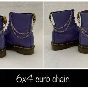 May include: Purple leather boots with two silver curb chains attached to the back of each boot. 6x4 curb chain.