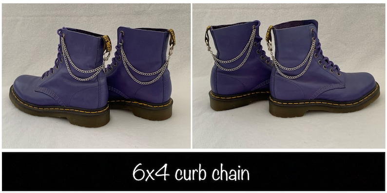 May include: Purple leather boots with two silver curb chains attached to the back of each boot. 6x4 curb chain.
