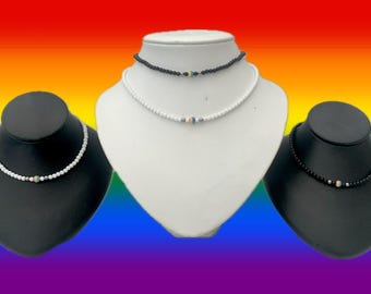Beaded Pride Necklace – Rainbow Acrylic Bead – Adjustable LGBTQI+ Jewellery Gift – Black or White Base – Stainless Steel Components