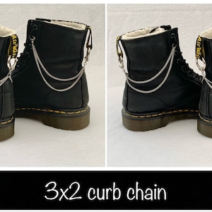 May include: Black leather boots with a white fur lining and a silver curb chain attached to the back zipper. The text "3x2 curb chain" is written below the image.