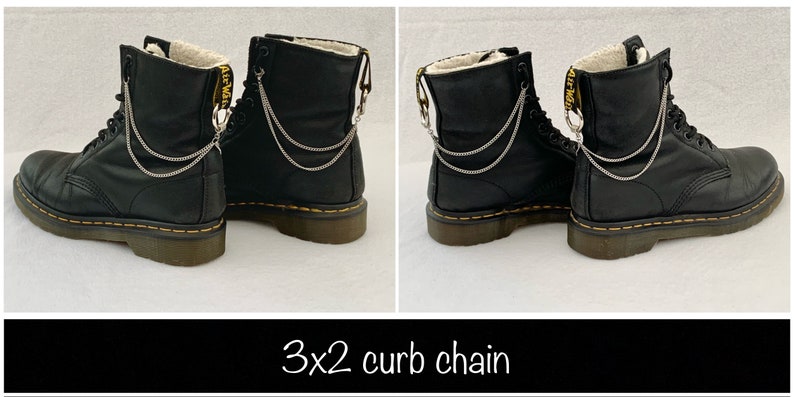 May include: Black leather boots with a white fur lining and a silver curb chain attached to the back zipper. The text "3x2 curb chain" is written below the image.