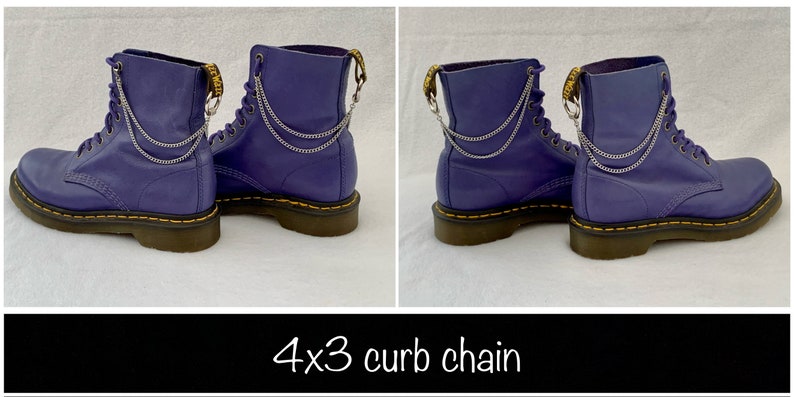 May include: Purple leather boots with three silver curb chains attached to the back of each boot. The text "4x3 curb chain" is written below the image.