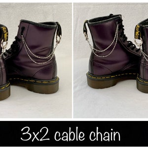 May include: Purple leather boots with a silver chain detail. The chain is attached to the top of the boot and hangs down the side. The text "3x2 cable chain" is written below the image.