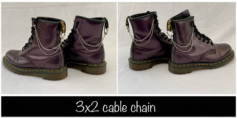 May include: Purple leather boots with a silver chain detail. The chain is attached to the top of the boot and hangs down the side. The text "3x2 cable chain" is written below the image.