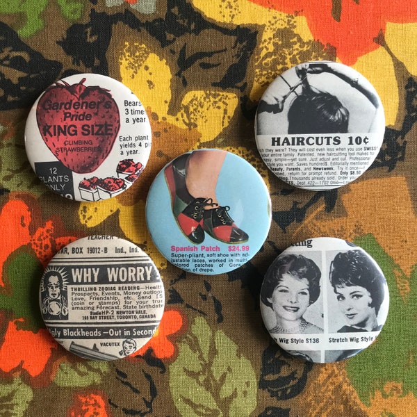 5 Kitschy 60’s/70’s Ads 2.25” Pins