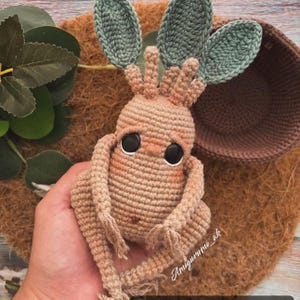 Puede incluir: Un juguete de amigurumi tejido a crochet de un mandrágora marrón con hojas verdes y grandes ojos negros. El juguete está siendo sostenido en una mano.