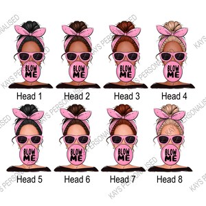 Image shows the 8 options for the messy bun head. They are black, brown, auburn and blonde hair colours and there are 2 skin tones for each hair colour.