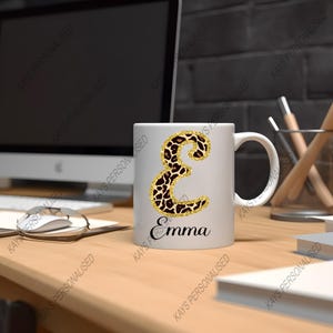 Personalised Leopard Print Mug: Gold Glitter Initial, Custom Coffee Mug