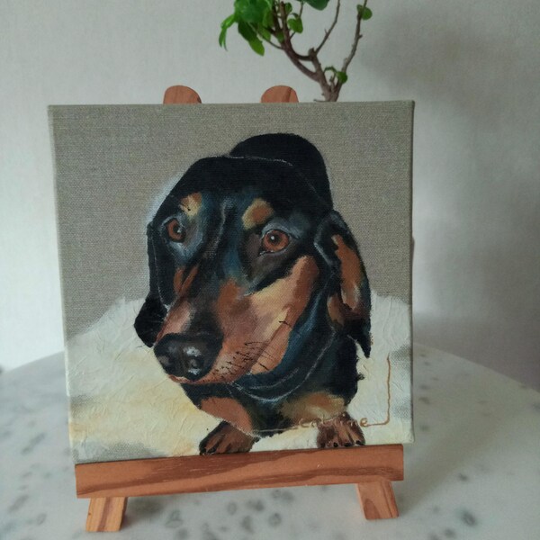 Dackel/Basset/Hund/Leinwand/Leinen/Braun/Acryl/Tiere/handgemacht/einzigartige Kreation/Dekoration/Malerei/gemaltes Quadrat/Original/Schwarz/Braun/Papier