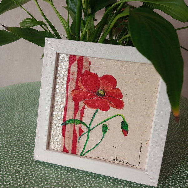 coquelicot-fleurs-fait main-rouge-fait main-acrylique-peinture-collage-papier-cadre-encadrement-cadeau-nature-symbole-