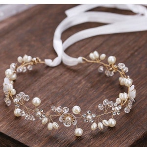 Wedding Hair Accessories, Flowers, Pearl Bridal Jewelry, Handmade, Headpiece, Princess, Ladies, Gold, Jewelry, Hair Vine, Accessories