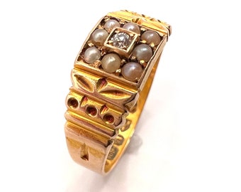 Victorian 15ct Gold Old Cut Diamond and Split Pearl Band Ring, Size M