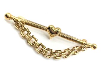 Vintage 9ct Gold T-bar Pin with Central Heart and Chain