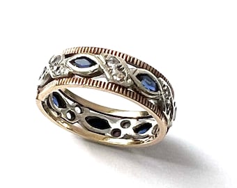 9ct Yellow and White Gold, Sapphire and Diamond Band; Size N