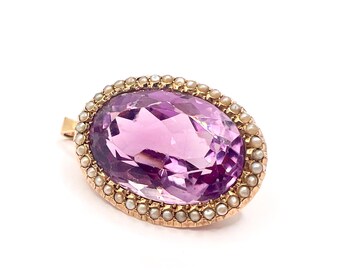 Large Victorian 9ct Gold Amethyst and Split Pearl Pendant