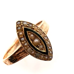 Victorian 15ct Gold Enamel and Split Pearl Mourning Ring, Size N