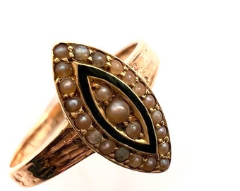 Victorian 15ct Gold Enamel and Split Pearl Mourning Ring, Size N