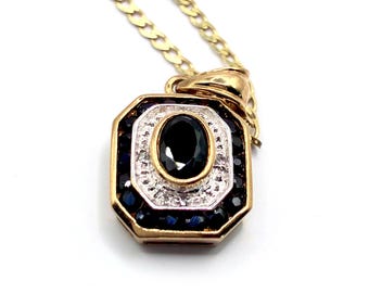 Vintage 1980s 9ct Gold Sapphire and Diamond Pendant Necklace, 18 Inch Chain