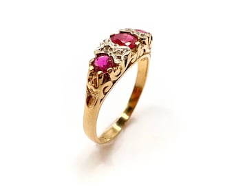 Antique 9ct Gold Ruby and Diamond Ring with Scroll Mount, Size L