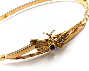 Victorian 9ct Gold, Sapphire and Seed Pearl Butterfly Bangle