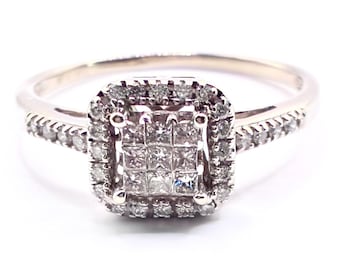 Vintage 1990s 10k White Gold Diamond Cluster Engagement Ring, UK Size P / US 7.5