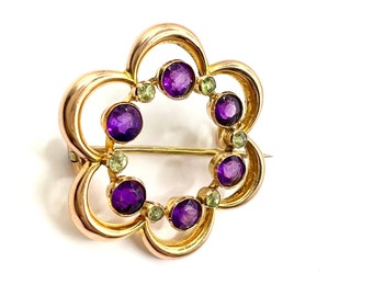 Antique Art Nouveau 9ct Gold Suffragette Brooch: Amethyst & Peridot