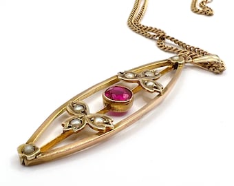 Victorian 9ct Gold Rhodolite Garnet and Seed Pearl Pendant