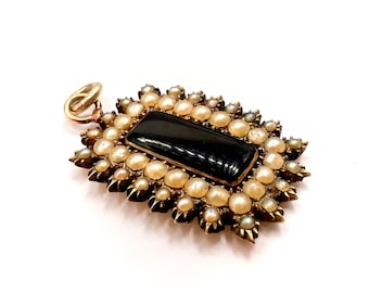 Antique Victorian gold, pearl and onyx intricate mourning pendant