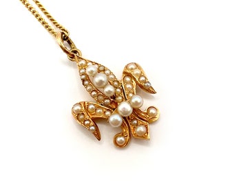 Victorian 15ct Gold and Seed Pearl Fleur de Lis Pendant