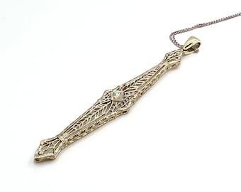 Art Deco Diamond Pendant: 14k White Gold Filigree Brooch