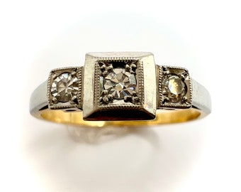 1920s Art Deco Platinum and 18ct gold trilogy engagement ring, size M
