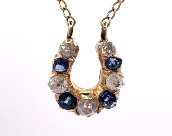 Victorian Sapphire and Old European Cut Diamond Horseshoe Pendant