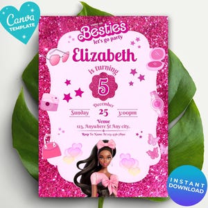 Invito per la festa di compleanno di una bambola di moda con glitter rosa per bambine, modello di invito per la festa di compleanno di una bambola nera per bambine, download immediato, invito rosa modificabile