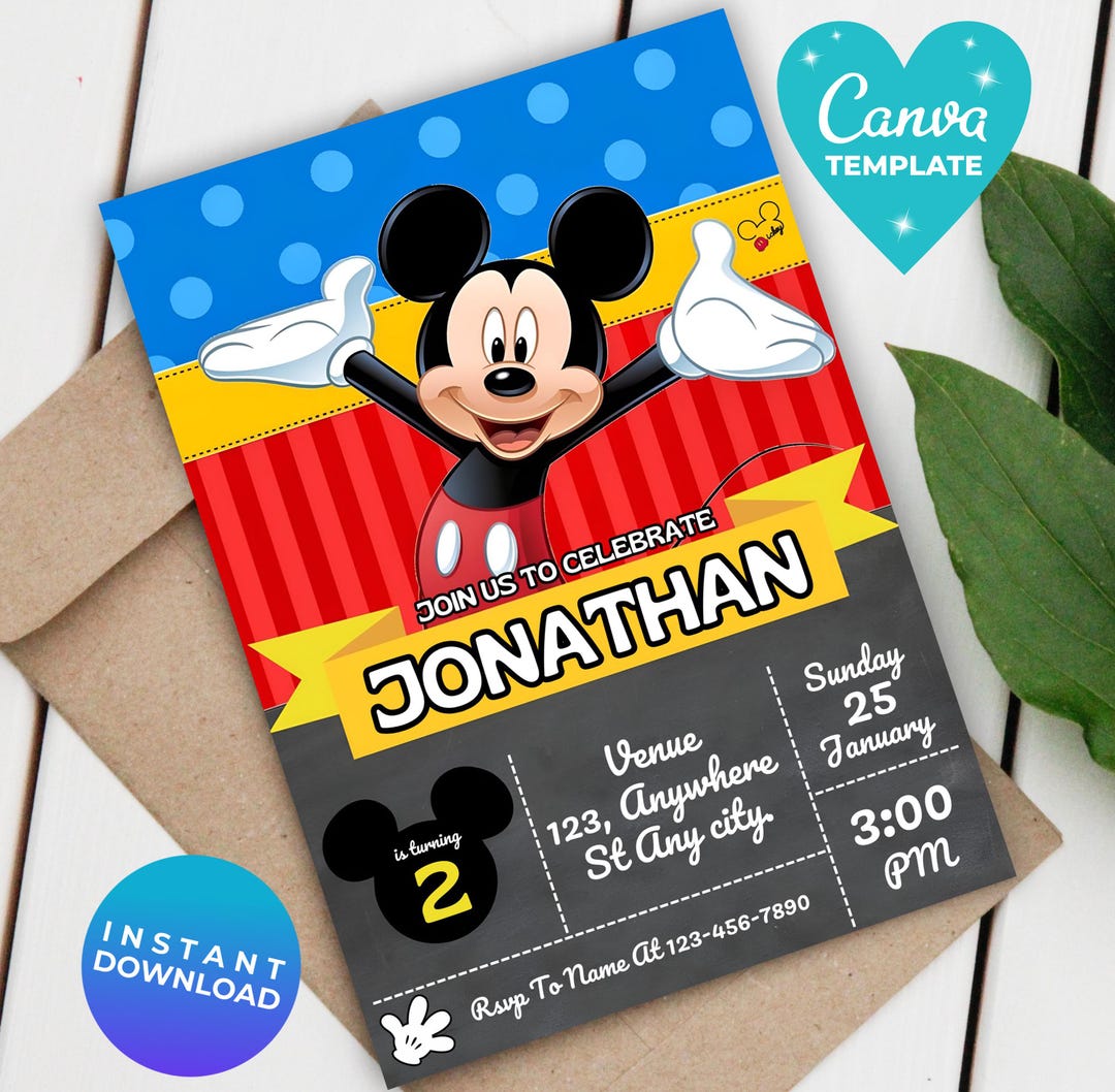 Editable Mickey Birthday Invitation | Digital Kids Party Template ...