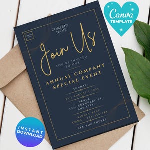 Peut inclure: Carte d'invitation bleu marine avec texte doré "Join Us" et détails d'un événement annuel d'entreprise. La carte est posée sur une enveloppe marron, avec un autocollant bleu et turquoise "Téléchargement instantané" et un autocollant cœur turquoise "Canva Template".