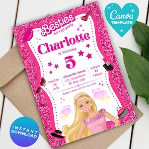 Glitter fashion doll birthday party Invitation | Fashion Pink Doll Sparkle Birthday Invitation For Girls | Instant Download | Canva Template