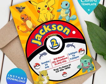 Editable Poke Birthday Invitation | Pika Digital Birthday Invitation | Printable Poke Party Template | Instant Download | Canva Template