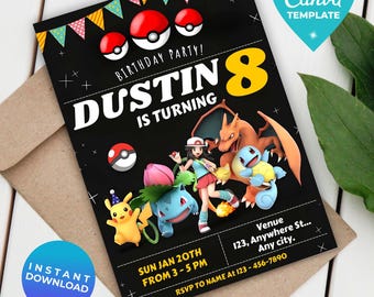 Editable Poke Birthday Invitation | Pika Digital Birthday Invitation | Printable Poke Party Template | Instant Download | Canva Template