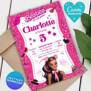 Invito per la festa di compleanno di una bambola di moda con glitter rosa per bambine, modello di invito per la festa di compleanno di una bambola nera per bambine, download immediato, invito rosa modificabile