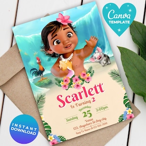 Editable Moana Birthday Invitation | Moana Theme Party Invitation | Hawaiian Invite | Template Editable | Printable Invite | Canva Template
