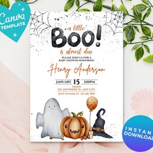 Editable Little Boo Baby Shower Invitation Ghost Baby Shower Halloween Baby Shower Little Boo is Almost due instant Download Canva Template